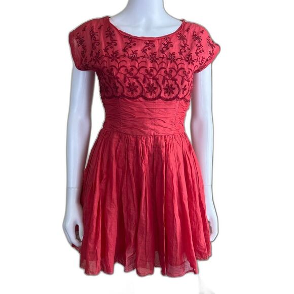 Free People Women's Size 2 Rose Garden Eyelet Embroidered Red Poppy Mini Dress - Picture 15 of 16